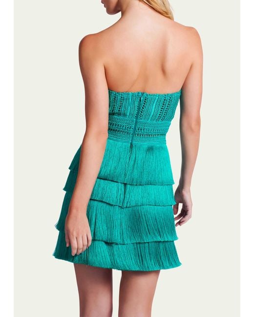 PATBO Blue Jacquard Fitted Strapless Crochet Fringe Mini Dress