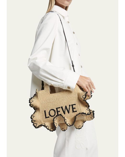 Loewe Natural X Paula's Ibiza Font Logo Small Tote Bag In Raffia With Ruffles