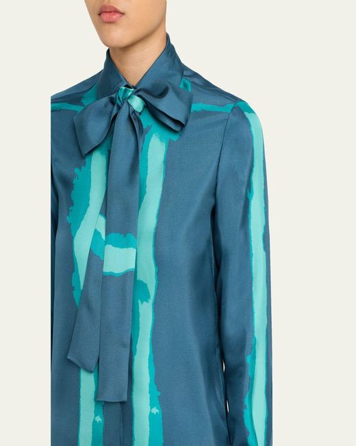 Kiton Blue Silk Bow-Neck Button-Down Shirt