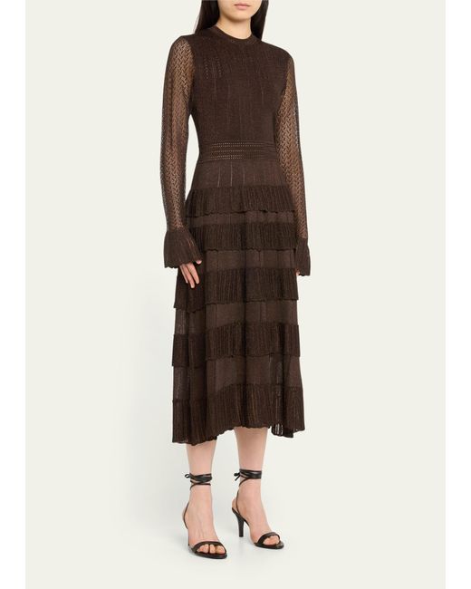 Lela Rose Brown Piper Knit Maxi Dress With Tiered Ruffle Detail