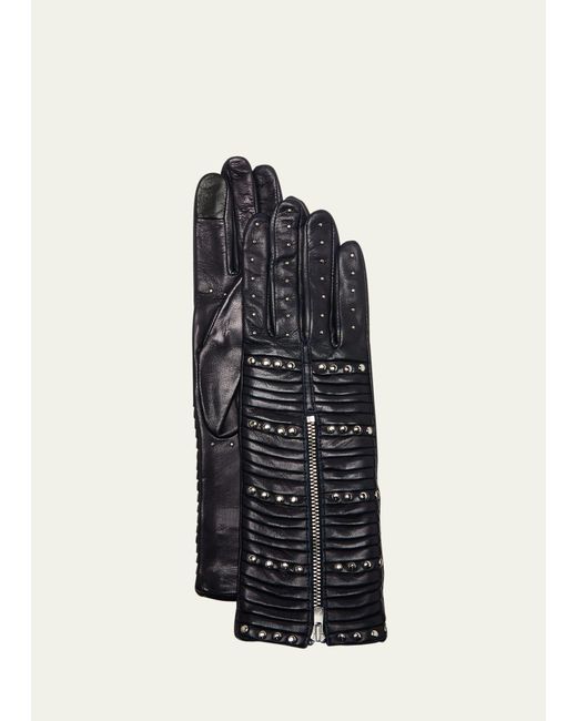 Agnelle Black Flat Studded Leather Gloves