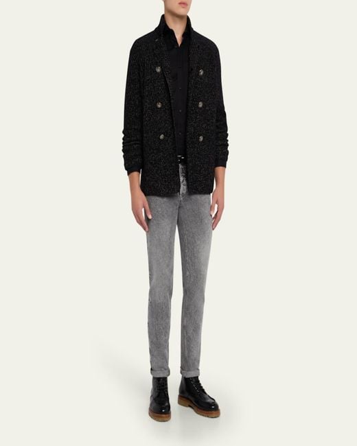 Brunello Cucinelli Black Wool, Silk, And Cashmere Double-Breasted Cardigan for men
