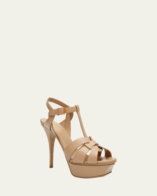Saint Laurent Natural Tribute Leather T-Strap Platform Sandals