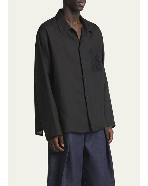 Loewe Black Linen Embroidered Anagram Linen-blend Shirt for men