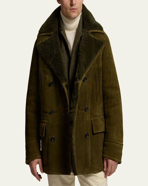 Ralph Lauren Green Suede Shearling-Lined Double-Breasted Jacket for men