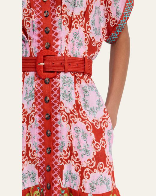Saloni Red Riya-B Belted Floral Linen Maxi Shirt Dress