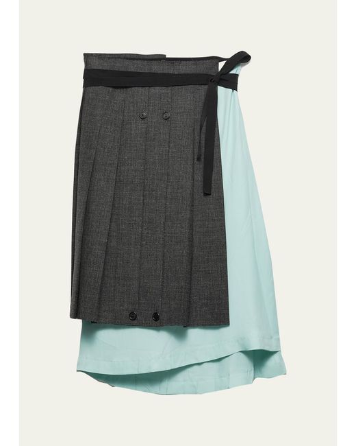 Prada Green Pleated Wool Patchwork Midi Skirt