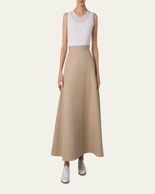 Akris Natural Flared Raffia Leather Trim Midi Skirt