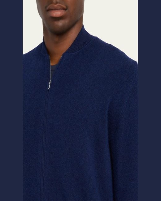 Bergdorf Goodman Blue Wool Full-Zip Baseball-Collar Sweater for men