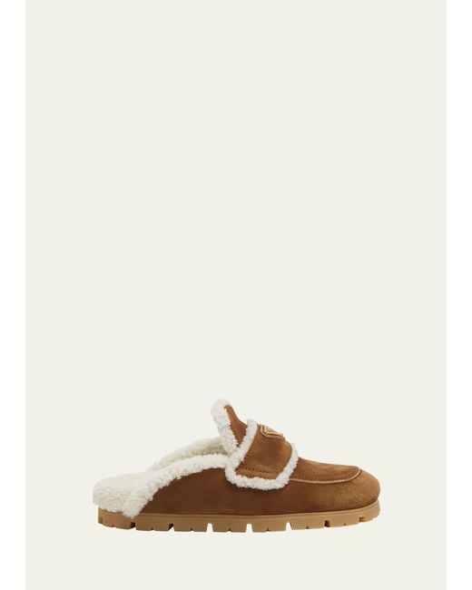 Prada Natural Suede Shearling Cozy Loafer Mules