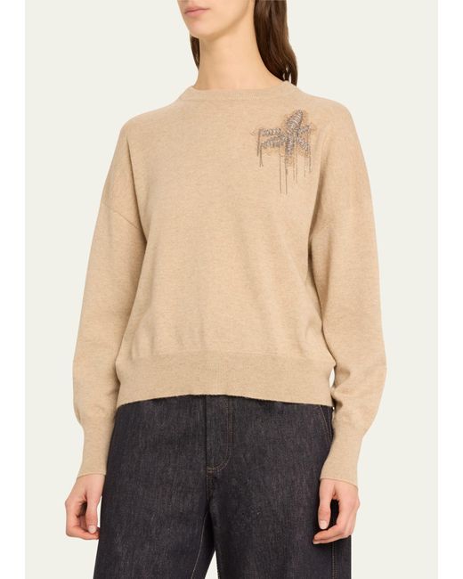 Brunello Cucinelli Natural Cashmere Sweater With Floral Crest Detail