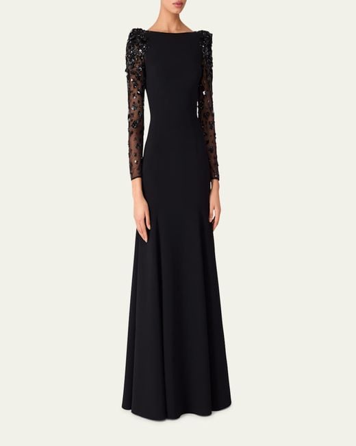 Jenny Packham Black Sylvia Beaded Long-Sleeve Crepe Gown