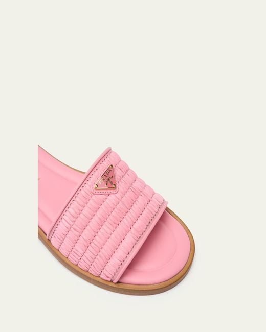 Prada Natural Triangle Logo Raffia Flat Slide Sandals