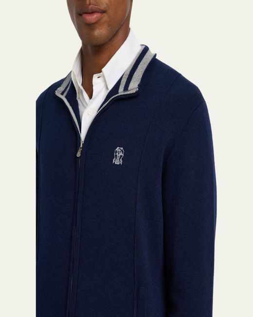 Brunello Cucinelli Blue Cashmere Knit Full-Zip Jacket for men