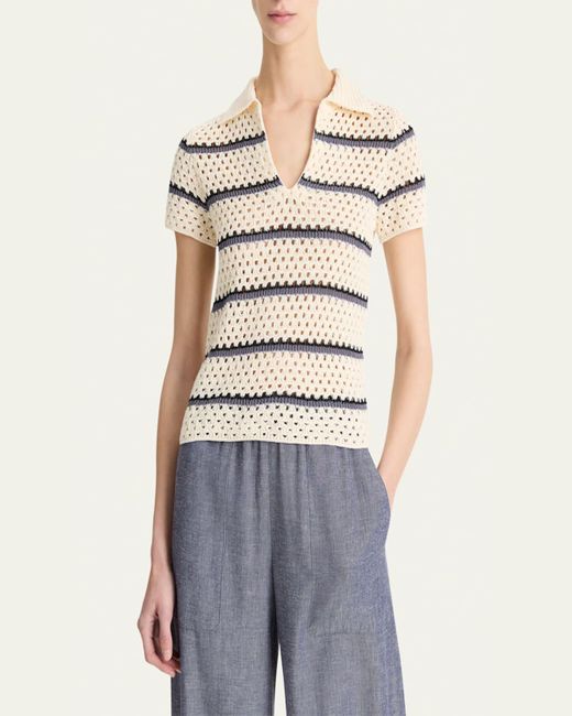 Vince Natural Stripe Short-Sleeve Macrame Top