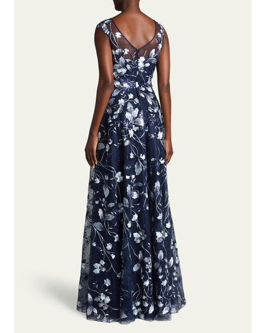 Teri Jon Capsleeve Embroidered Tulle Aline Gown in Blue Lyst