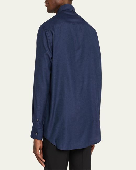 Brioni Blue Cotton Twill Sport Shirt for men