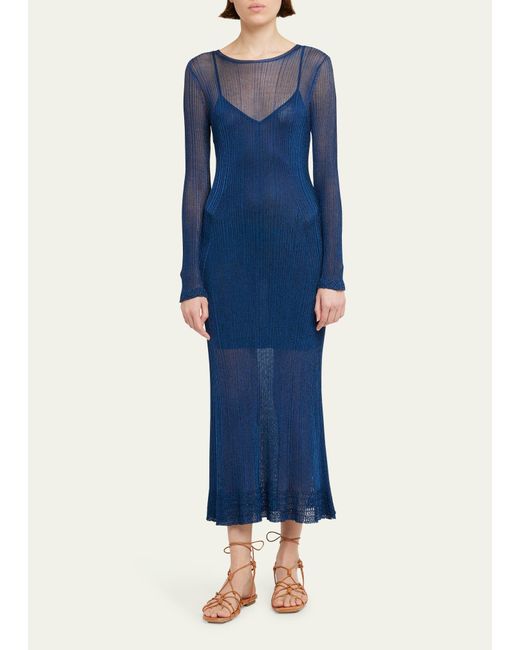 Ulla Johnson Blue Simone Sheer Stripe Knit Midi Overlay Dress