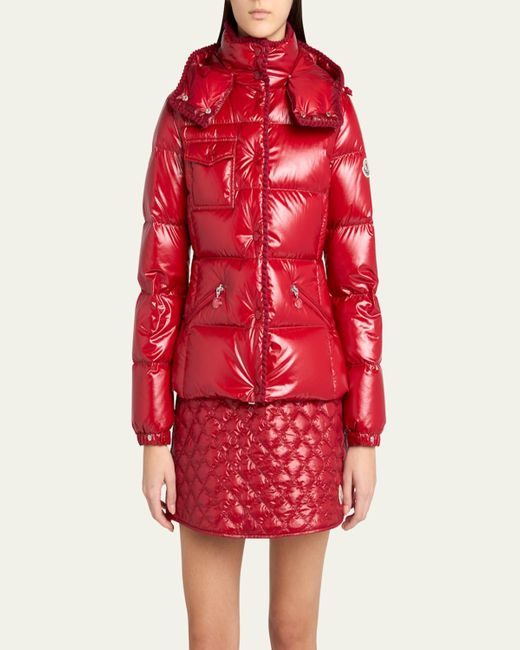 Moncler Red Glareins Hooded Short Down Jacket With Braided Trim