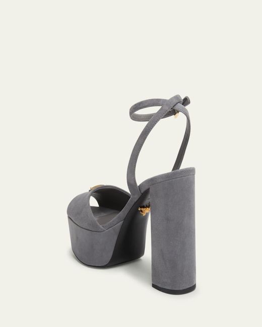 Prada White Triangle Logo Suede Ankle-Strap Platform Sandals