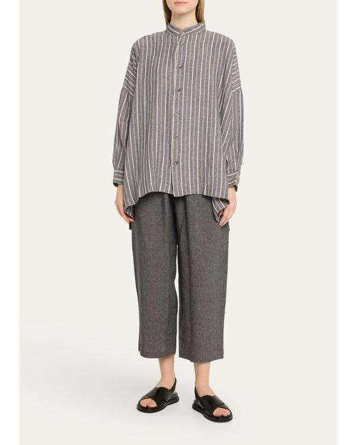 Eskandar Gray Stripe Wide Longer Back Collarless Shirt (long Length)