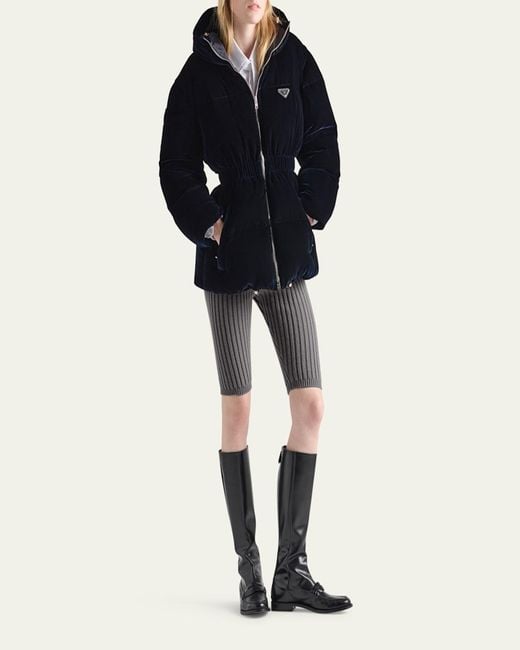 Prada Blue Cinched Velvet Puffer Jacket