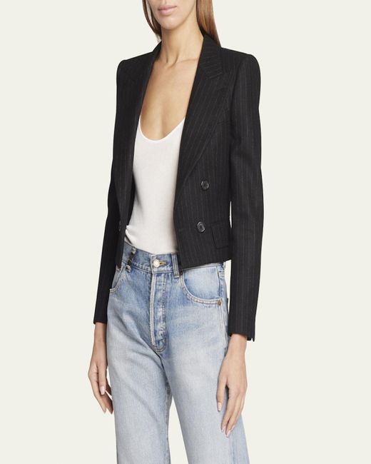 Saint Laurent Black Spencer Pinstripe Cropped Wool Jacket