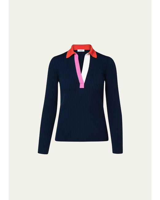 Akris Punto Blue Ribbed Wool Sweater W/ Colorblock Detail