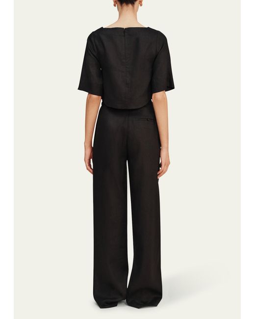 Posse Black Shay Boat-neck Relaxed Linen Crop Top