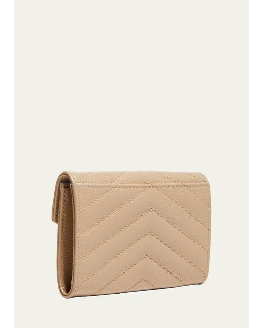 Saint Laurent Natural Ysl Monogram Small Flap Wallet In Grained Leather