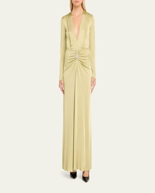Victoria Beckham Yellow Plunging Gathered Crystal Long-Sleeve Gown