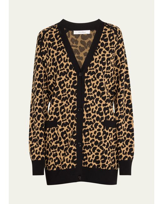 Max Mara Black Tenore Leopard Print Knit Cardigan