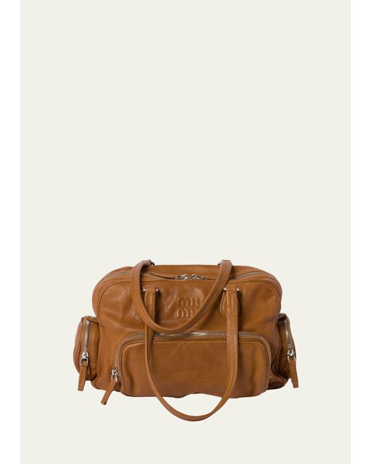 Miu Miu Brown Pocket Washed Leather Shoulder Bag