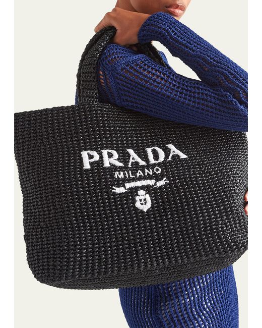 Prada Black Logo Striped Raffia Shoulder Bag