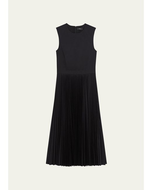 Theory Black Pleated-skirt Sleeveless Midi Dress