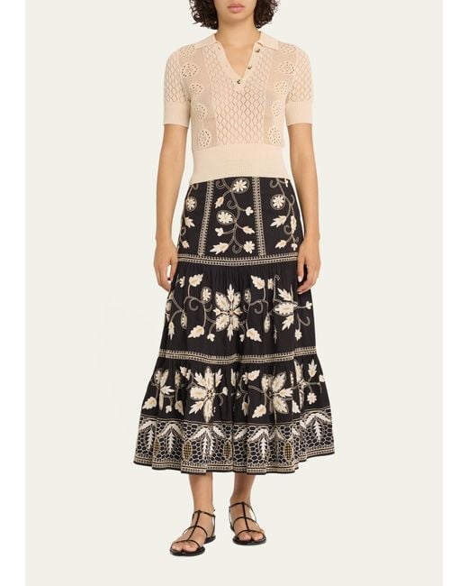 Figue White Camryne Floral-embroidered Tiered Midi Skirt