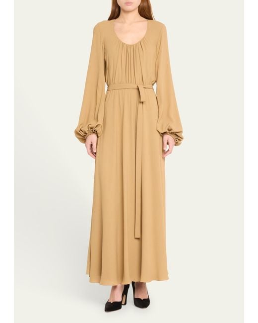 Chloé Natural X Atelier Jolie Scoop-neck Long-sleeve Belted Silk Maxi Dress