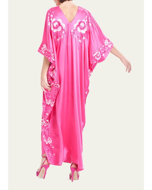 Natori Pink Hanabi Floral-embroidered Dolman-sleeve Caftan