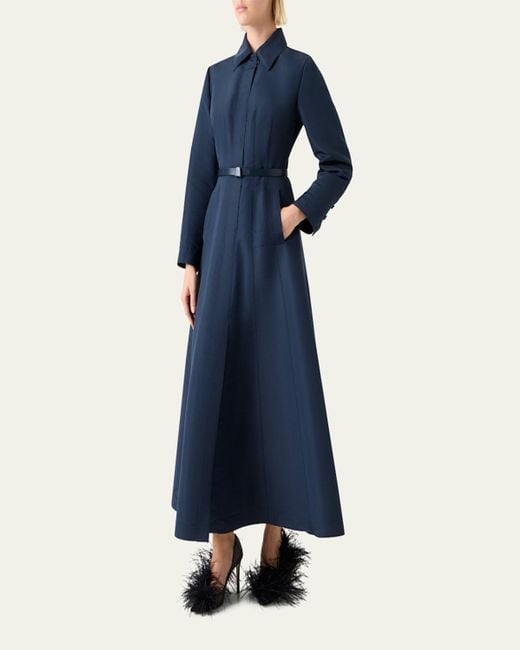 Akris Blue Ottoman Silk Belted A-Line Midi Shirtdress