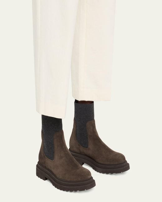 Brunello Cucinelli Black Suede Wool Lug-Sole Chelsea Boots