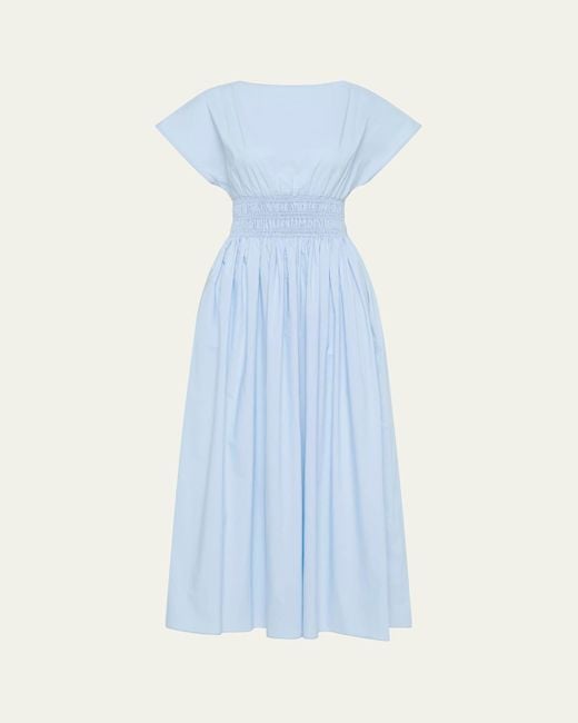 Matteau Blue Shirred-Waist Midi Dress