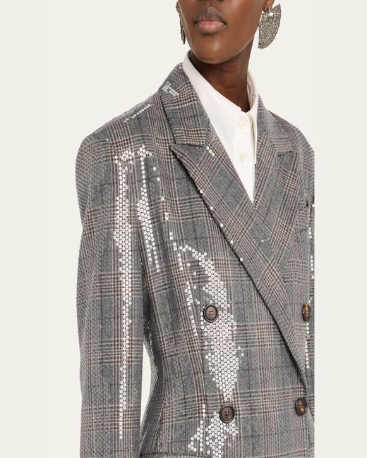 Brunello Cucinelli Gray Glam Check Sequined Double-Breasted Blazer