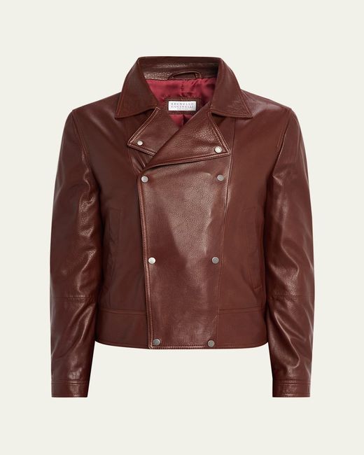 Brunello Cucinelli Brown Double-Breasted Grained Leather Jacket for men