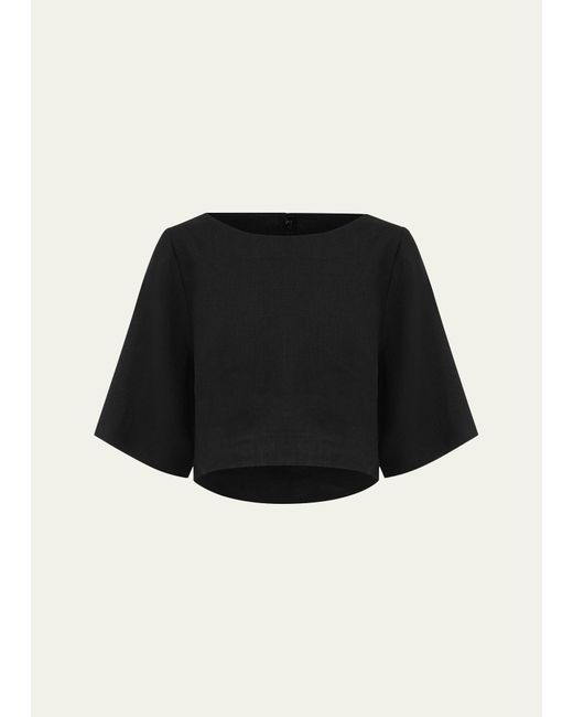 Posse Black Shay Boat-neck Relaxed Linen Crop Top