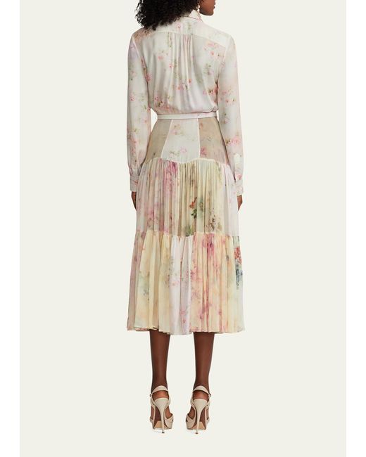Ralph Lauren Collection Natural Ellasandra Floral Watercolor Tiered Midi Belted Dress