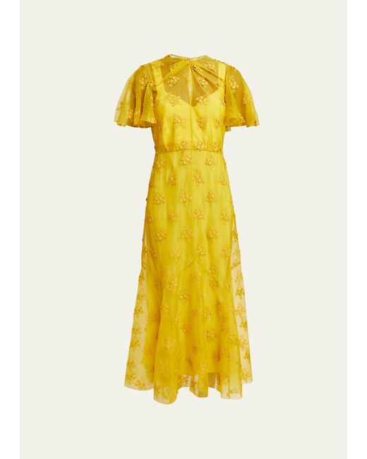 Erdem Yellow Floral Applique Sheer Flutter-sleeve Dress