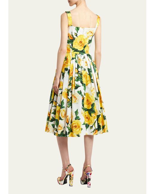 Dolce & Gabbana Yellow Rose Floral Print Poplin Midi Dress