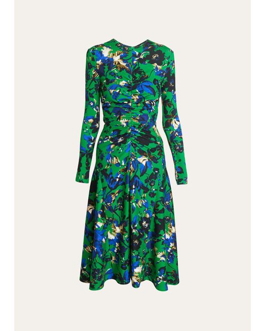Erdem Green Floral-print Long-sleeve Gathered Midi Dress