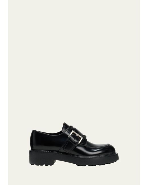 Prada Black Leather Belted Lace-up Loafers