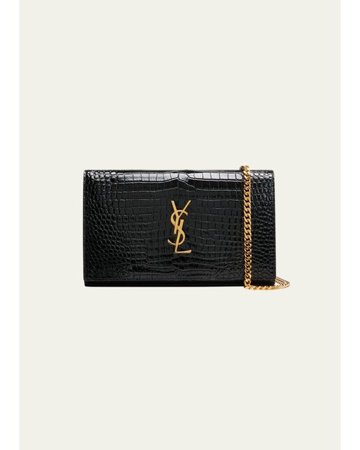 Saint Laurent Classic Ysl Crocembossed Chain Wallet in Black Lyst